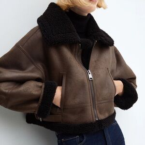 Brown leather Shearling-effect lined short jacket